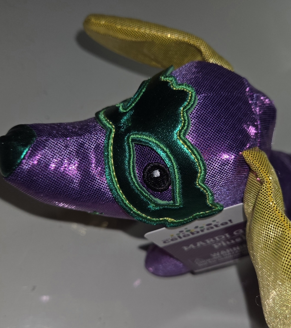 Mardi Gras Iridescent Purple Plush Dachshund Balloon Dog w/ Mask, NWT